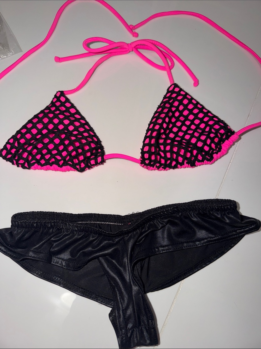 Neon Pink & Black Mesh Triangle Bikini Top with Black Bottom